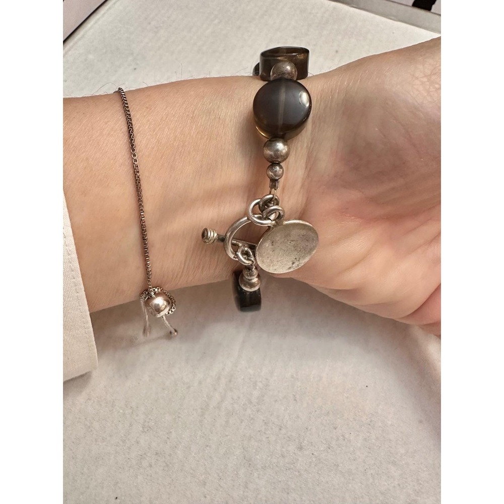 Smoky Quartz Sterling‎ Silver 925 Beaded Toggle Bracelet Brown Stone 8.5 Inch - Picture 6 of 9